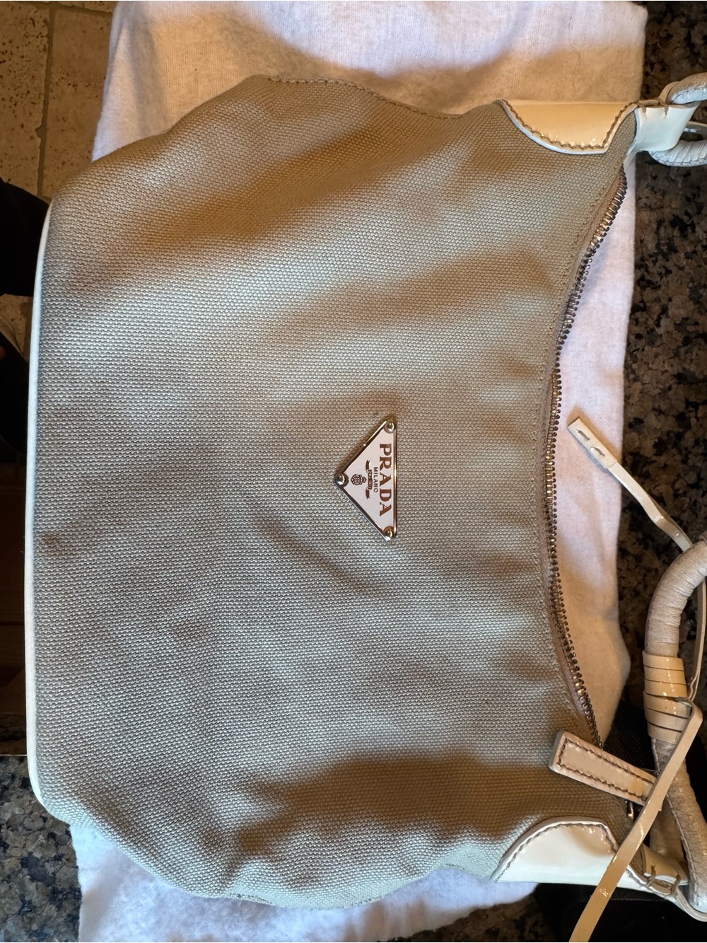 Prada Beige Canvas Shoulder Bag with White Trim